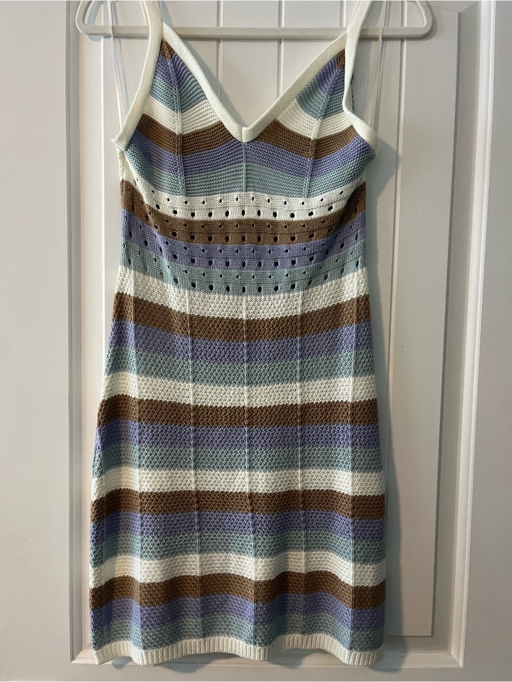 Ultra Flirt Striped Knit Spaghetti Strap Dress in Cream, Brown & Lavender